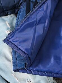 Young Boy High Collar Solid Color Zip-Up Long Sleeve Quilted Hooded Padded Coat Fall Winter - Navy Blue - View 7