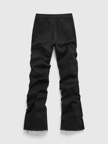 ROMWE MEN Street Life Men's Adjustable Zipper Layered Flare Jeans With Printed Design - Black - View 3