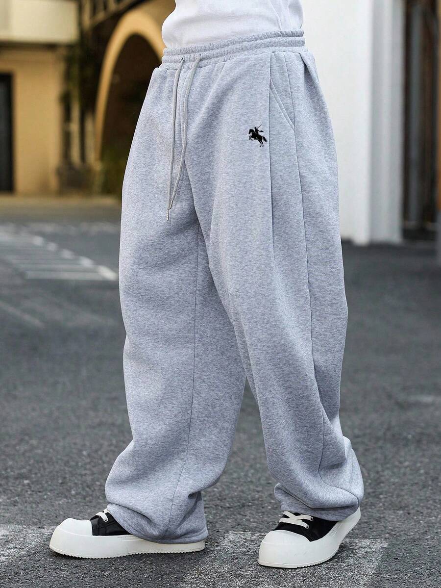 Manfinity Homme 男士纯色抽绳腰带口袋休闲宽松运动裤，灰色宽松运动裤，返校季超大码运动裤灰色宽松慢跑裤 - 灰色 - 查看 1