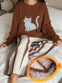DAZY 2pcs Women Cat & Striped Pattern Loose Long Sleeve Knit Pajama Set, Autumn/Winter, Fall Clothes - Brown - View 4