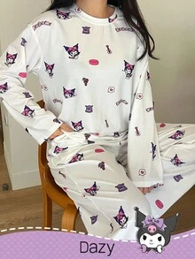 DAZY HELLO KITTY AND FRIENDS | SHEIN 卡通图案圆领长袖上衣和宽松长裤女士睡衣套装，秋冬服装 - 白色 - 查看 3