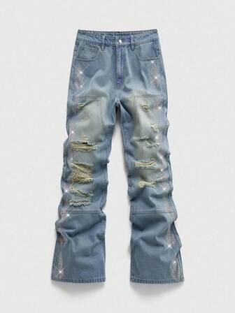 Street Life Jeans en denim bleu vintage délavé pour hommes avec passants de ceinture