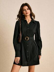 Poéselle Vestido mini elegante de mujer de unicolor con botones en la cintura - Negro - Ver 4