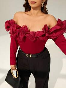 Auralis Plus Size Women's And Fashion Red Top For Women, Elegant And Comfortable Daily Three-Dimensional Lace One-Shoulder Red Slim-Fit Top, Party Red Top, Outfits, New Year Red Spring - Red - View 5