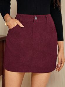 Vintamour Jupe élégante et classique en velours côtelé pour femme, jupe courte évasée de couleur rouge vin avec poches, pour l'automne/l'hiver - Rouge foncé - Voir 3