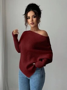 Elenzga 女式不对称蝙蝠袖圆领休闲优雅针织毛衣上衣，适合度假和节日，春秋冬 - 酒紅色 - 查看 3