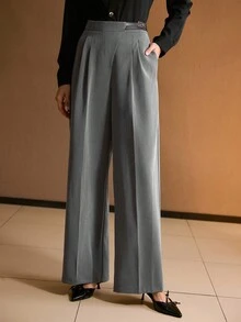 MOTF PREMIUM 女士秋季修身阔腿西装裤斜翻领休闲西装裤 - 灰色 - 查看 5