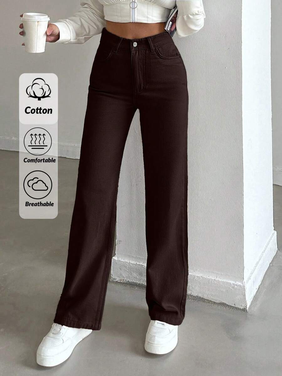 SHEIN Tall بنطلون جينز عريض الساق طويل اللون البيج عالي الخصر - بني - مشاهدة 1