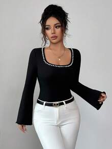 SHEIN Elenzya Bộ đồ liền thân tay loe đính ngọc trai giả màu đen thanh lịch dành cho nữ - màu đen - Xem 5