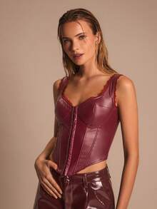 Glamine Women's Solid Color Wide Strap Lace Trim Sleeveless Fitted Camisole - Burgundy - View 3