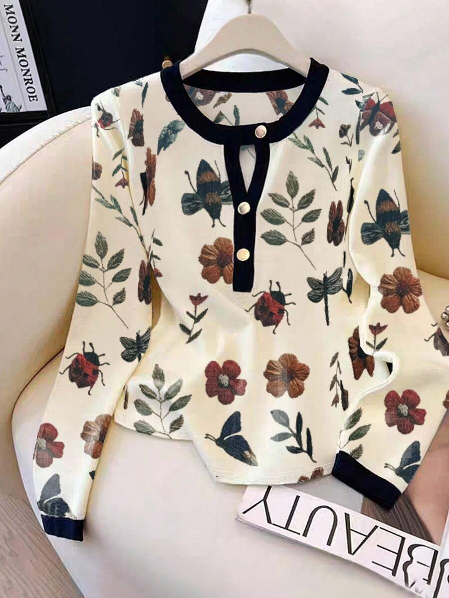 GlowEve Camiseta casual de mujer de punto e impresa para otoño - Albaricoque - Ver 1