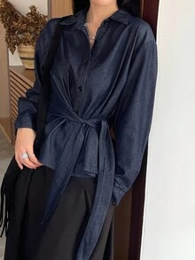 DAZY 女士翻领系带休闲宽松开襟牛仔外套长袖 - 深色水洗藍 - 查看 3