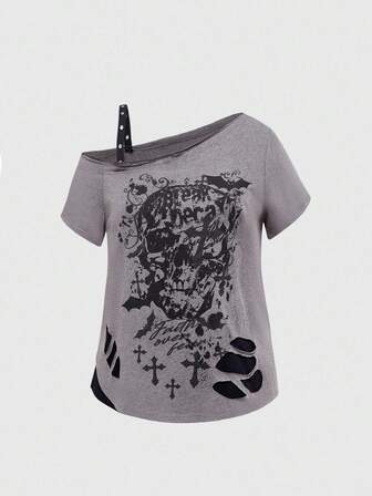 Grunge Punk Plus Size Women Punk Skull & Cross Print Eyelet Strap Asymmetric Hem T-Shirt