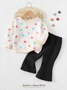 Cozy Pixies 2 件套女婴心形图案针织柔软圆领长袖套头衫和喇叭裤套装 - 黑與白 - 查看 1
