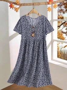 Rusticease Váy dài tay bèo nhún họa tiết hoa mùa hè cỡ lớn dành cho nữ - Xanh và trắng - Xem 3