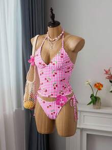 SHEIN Swim Sweet Cherry Plaid Bikini Set For Summer Beach Vacation - Multicolor - View 12