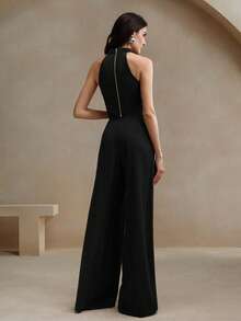 Anewsta 2pcs/Set Urban Minimalist Women Chain Decor Sleeveless Top & Wide Leg Pants Set - Black - View 6