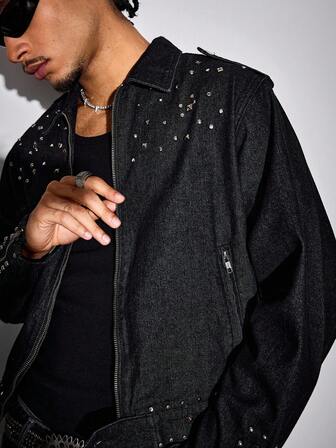 Street Life Herren Street Fashion Nieten Reißverschluss Denim Jacke