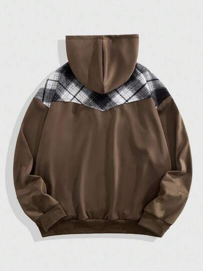 Street Life Sudadera con capucha de hombre con bolsillo, cremallera frontal y cordón ajustable, de manga larga y estampado a cuadros de parches, para otoño