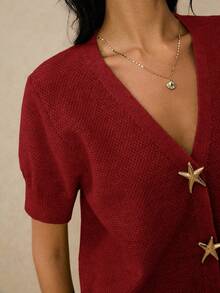 Poéselle Cárdigan de punto de manga corta con escote en V y decoración de estrella de mar metálica para mujer, otoño - Burdeos - Ver 8