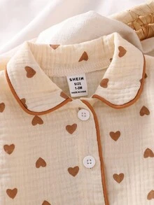 2 件套新生女童可爱蝴蝶结图案长袖上衣和裤子休闲舒适睡衣套装 - 杏色 - 查看 4