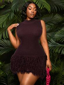 SHEIN SXY Plus Size Women's Dark Purple Autumn Elegant Coffee Brown Stand Collar Sleeveless Hollow Out Fringe Mini Bodycon Knit Crochet Tassel Dress Fall - Coffee Brown - View 3