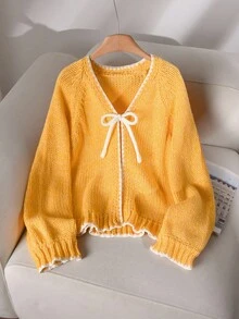 CosyJoli 大码休闲毛衣配领带蝴蝶结撞色装饰开衫女士秋冬装 - 黃色 - 查看 1