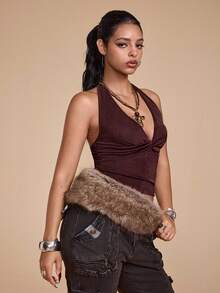 ROMWE Grunge Punk 女款 Y2K 复古毛茸茸短款开衫 - 棕色 - 查看 8