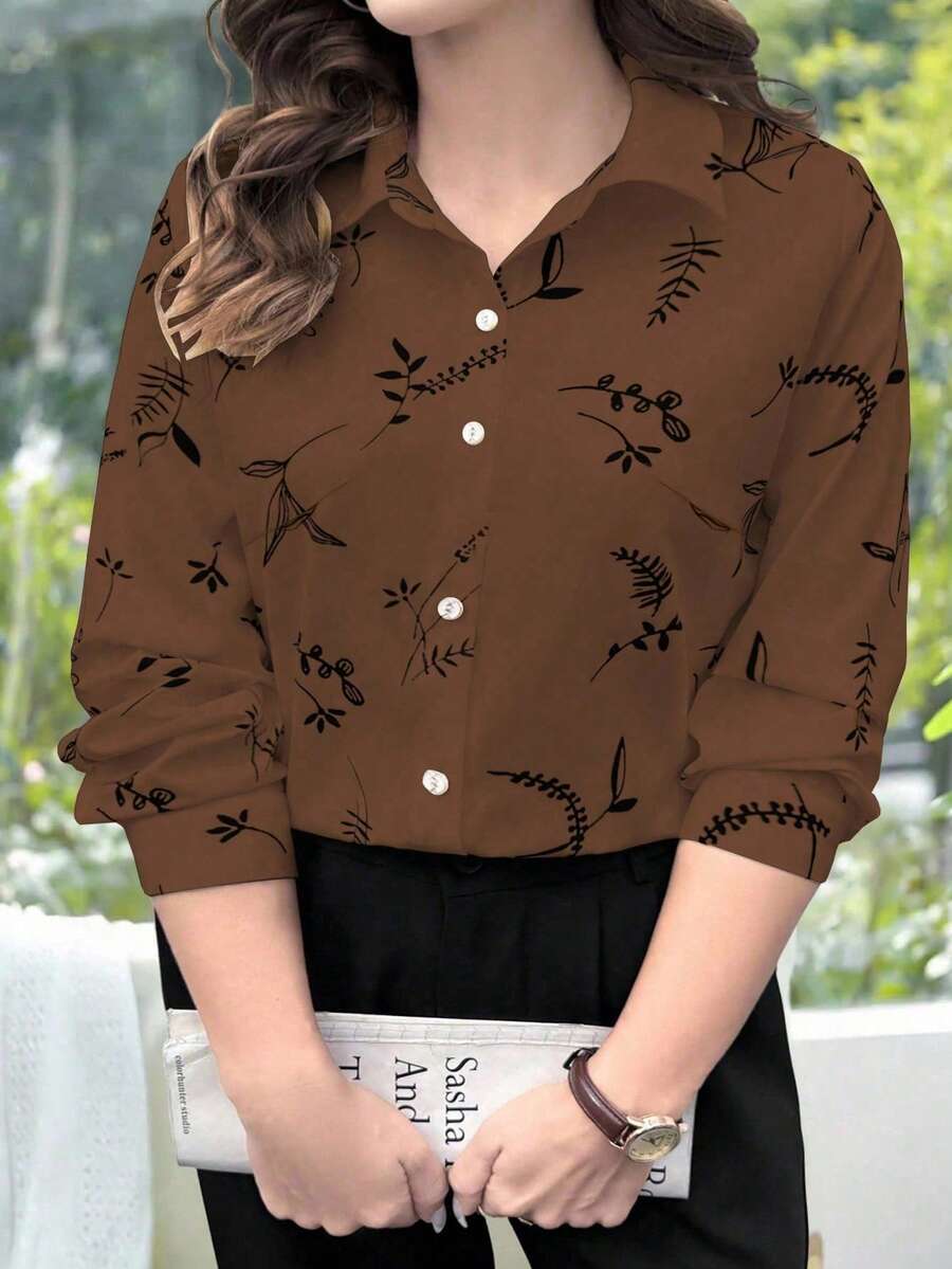 EMERY ROSE 女式休闲米色印花长袖大码衬衫 - 咖啡棕 - 查看 1