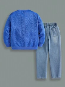 SHEIN 2pcs/Set Casual Textured Fabric Sweatshirt And Jeans Set For Tween Boys Chic Outfits For Autumn/Winter Fall - Blue - View 2