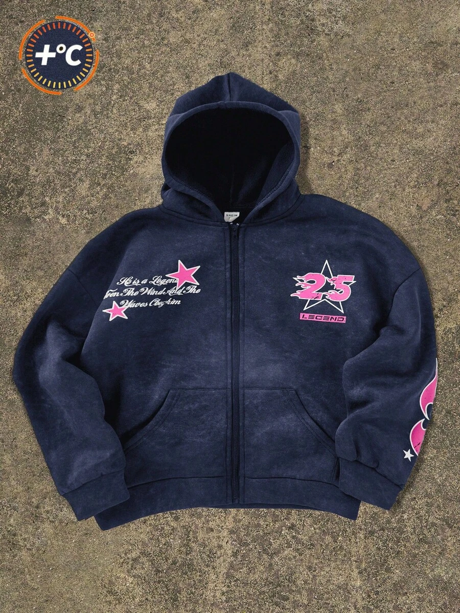 SHEIN 男童 Bolty 一件式休闲运动街头时尚抓绒面料涂鸦图案开衫连帽衫,适合返校、生日派对、晚宴、演出、婚礼、洗礼、开幕式等场合,日常穿着舒适,适合上学、旅行、运动,也适合秋冬季节。 - 藏蓝色 - 查看 1