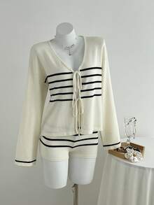 Elamini 2pcs Women's Casual Basic Bowknot Waist Striped Low Waist Shorts And Sweater Set - Black and White - View 3