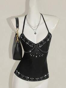 SHEIN ICON Áo hai dây hở lưng đính đá Rhinestone gợi cảm cổ điển Avant-Garde dành cho nữ - màu đen - Xem 4