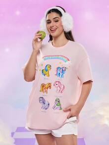 My Little Pony X SHEIN Plus Size Cute Horse Print Round Neck Short Sleeve T-Shirt, Summer Kawaii Shirt Cute T Shirts Horse Shirt