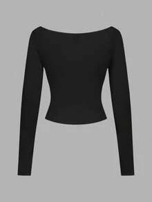 SHEIN BASICS Casual Minimalist Ribbed Wide Neck Women Long Sleeve T-Shirt, Versatile, Base Layer, Autumn/Winter,Black Tops - Black - View 7