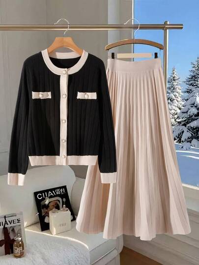 SHEIN Clasi 大码女装秋冬撞色长袖针织开衫和褶皱针织中裙休闲套装