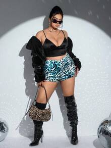 SHEIN ICON Plus Size Shiny Sequin Sexy Leopard Print Super Short Shorts