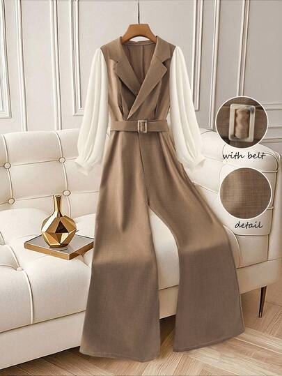 GlowEve Women's Elegant Jumpsuit With Chiffon Sleeve Panels, Collared Neck, Cinched Waist, Wide Leg, Suitable For Daily, Work, Business, Romantic Dates, Holidays, Long Sleeve, Mocha Brown Color, Autumn/Winter