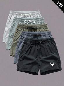 Manfinity Sport Corelite 男士牛头图案抽绳腰部宽松日常健身运动短裤 - 黑色 - 查看 1