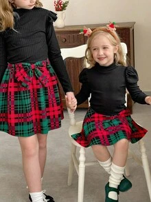 LMoss Kids LMoss 2pcs Young Girl Solid Color Knit Stand Collar Casual T-Shirt And Plaid Skirt Set, Two Pieces Kids Set Skirt Plaid, Matching Clothes For Girls, Plaid Skirts For Girls, Mom Daughter Matching Outfit, Christmas Girls Outfits,Styles Comfortable Autumn & Winter,Cozy Fall & Winter Styles,Christmas Jumper,Long Sleeve Top,Halloween - Multicolor - View 6