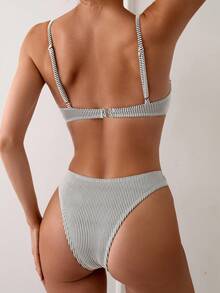 SHEIN Swim Striped Bikini Set With Underwire, Vacation Set, Summer Beach - Black and White - View 2