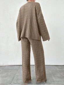 EURMUSE 2 Stücke Damen Set aus Kabel-Muster Dolman-Ärmel Pullover und gestrickter loser Hose, Lässig - Creme - Übersicht 2