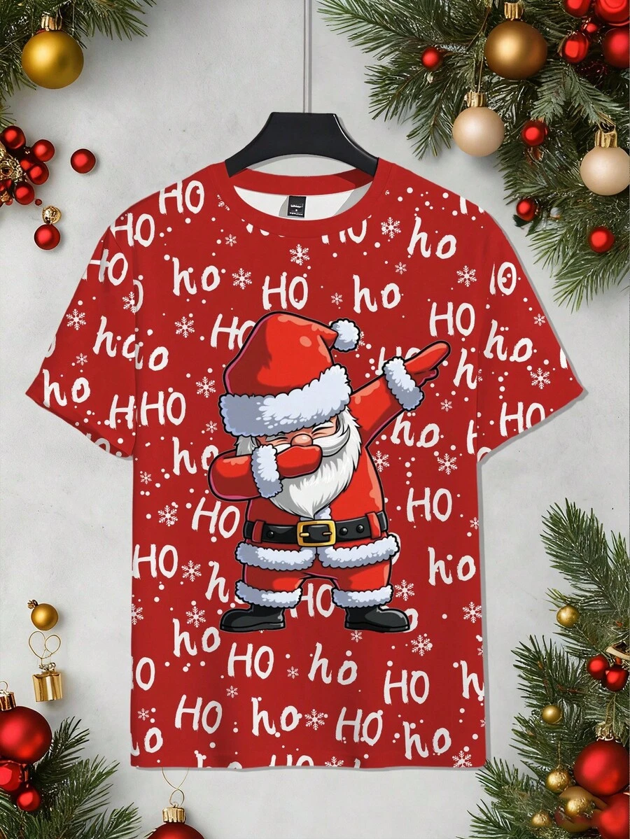 Manfinity Homme Men's Rock Style 3D Santa Claus & "HO HO HO" Print Short Sleeve T-Shirt, Christmas Holiday Round Neck Tee, Gift For Boyfriend, Partner, Couple Matching  Christmas T Shirt
