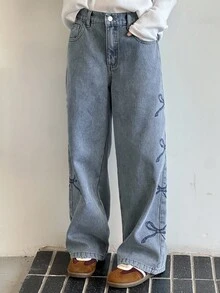 DAZY 少女蝴蝶结刺绣保暖牛仔裤，秋季款 - 藍色 - 查看 8