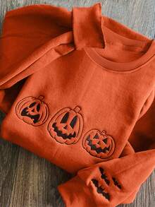 INAWLY 女式加大码万圣节南瓜灯和蝙蝠刺绣图案圆领运动衫 - 橘色 - 查看 1