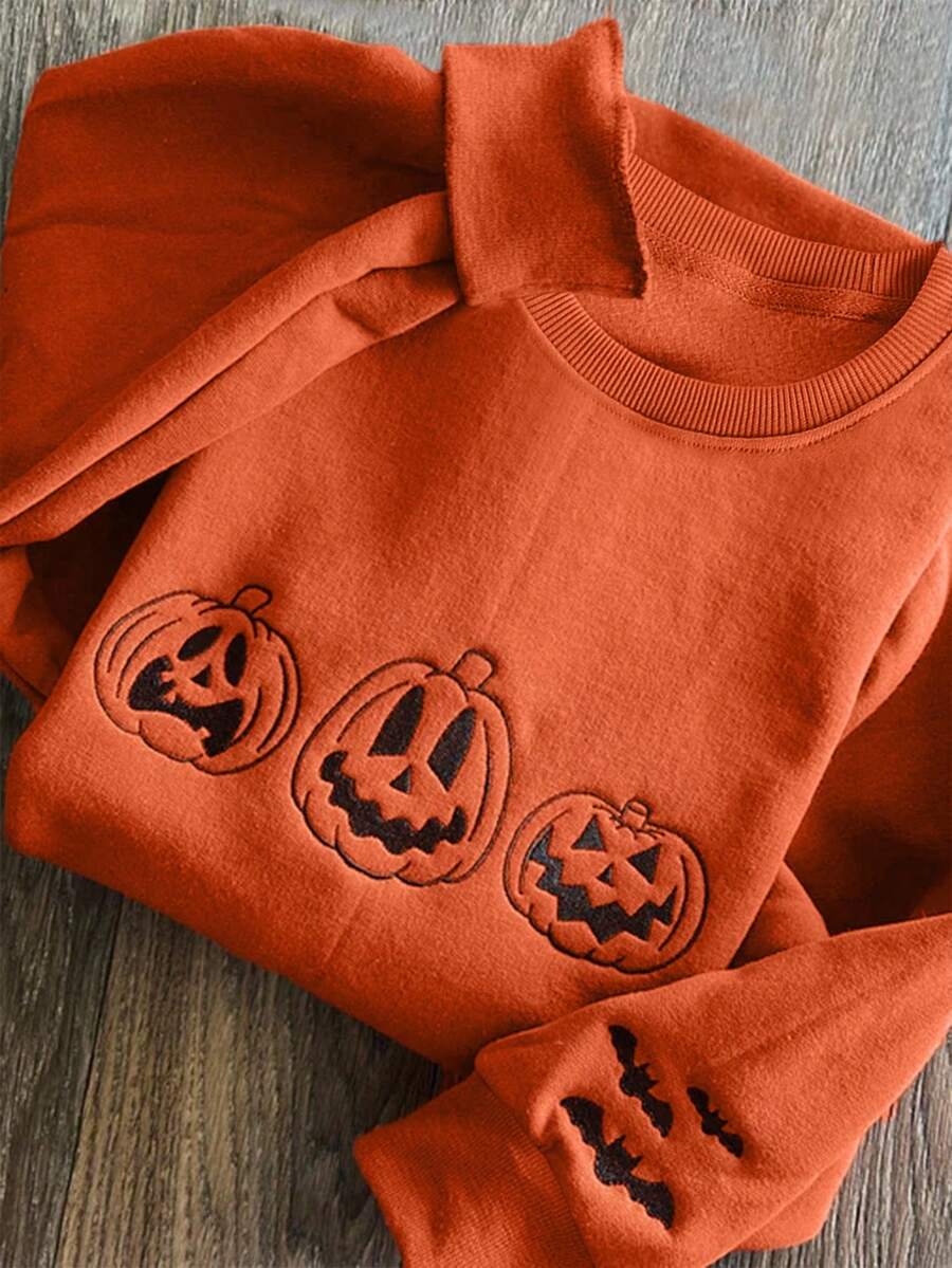 INAWLY 女式加大码万圣节南瓜灯和蝙蝠刺绣图案圆领运动衫 - 橘色 - 查看 1