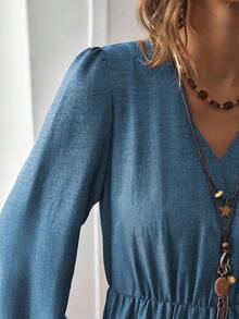 LanaWest Women's Autumn Bohemian Casual Vacation Style Rust Brown Design V-Neck Long Sleeve Patchwork Dress