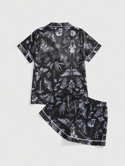 Kawaii Gothic Skull, Butterfly, Moth, Mushroom & Plant All Over Print Cardigan Shirt & Shorts Pajama Set