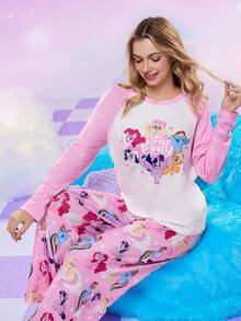 My Little Pony X SHEIN Women's Cute Cartoon Unicorn & Letter Graphic Contrast Color Raglan Sleeve Top And Pants Pajama Set, Spring/Autumn Pink Pajamas Women Pajama Sets For Women - Multicolor - View 6