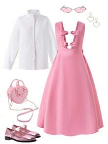 Teenage Girls' Elegant Light Pink Shirt Dress Set,Back-To-School Autumn Party Outfit,Cute Collared Shirt,Pleated Chest & Bowknot Waist Casual Dress - Pink - View 3